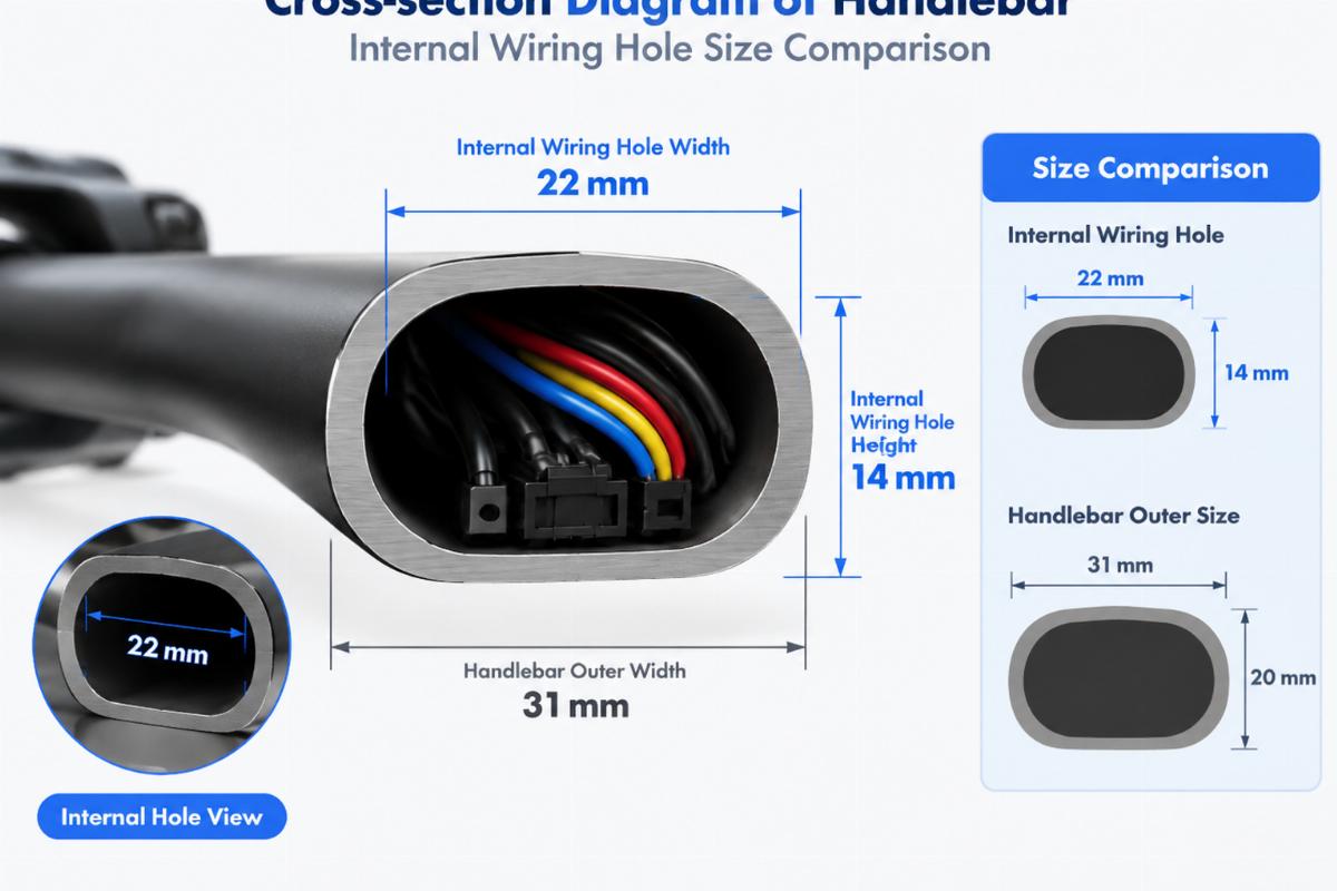 Cross-section diagram of handlebar showing internal wiring hole size comparison