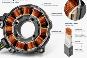 Cross-section view of a motorcycle stator showing copper windings and insulation layers