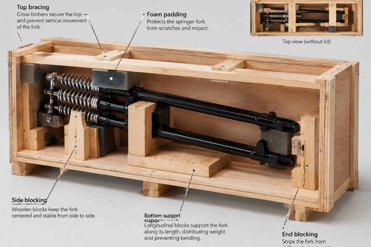 Cross-section view of a wooden crate showing internal blocking and top bracing for a springer fork
