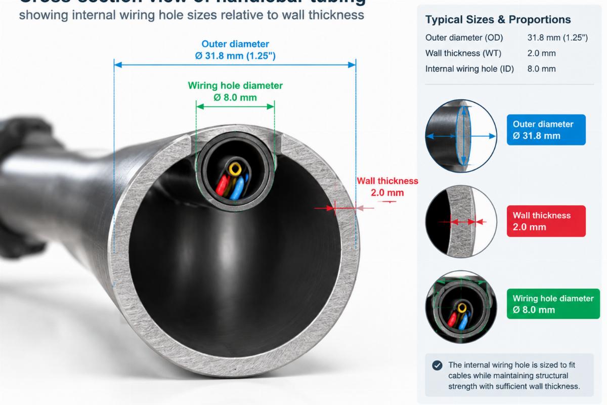 Cross-section view of handlebar tubing showing internal wiring hole sizes relative to wall thickness