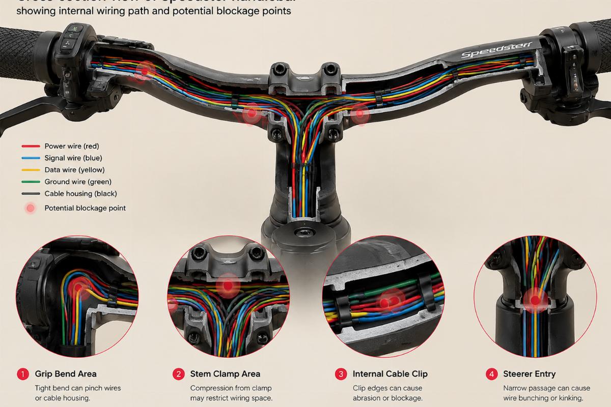 Cross-section view of Speedster handlebar showing internal wiring path and potential blockage points