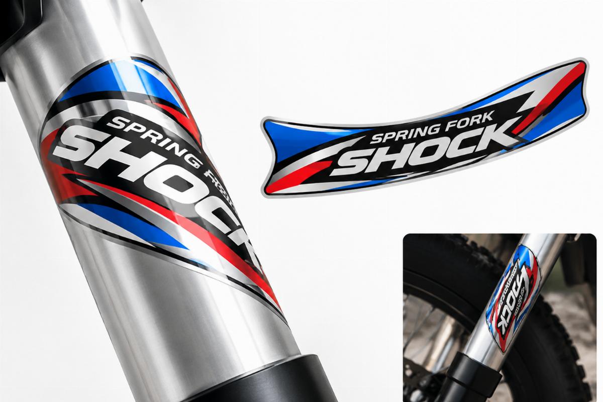 Curved spring fork shock logo decal full color aluminum view