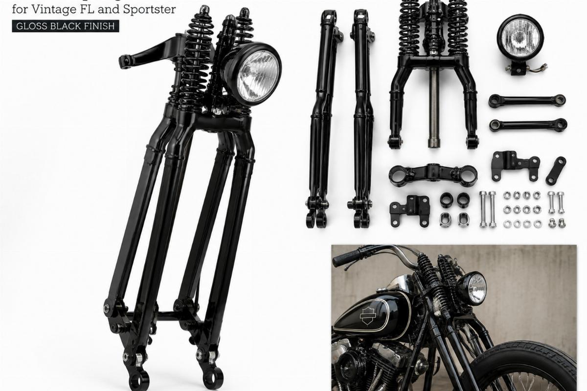 custom springer front end for vintage fl and sportster in gloss black finish