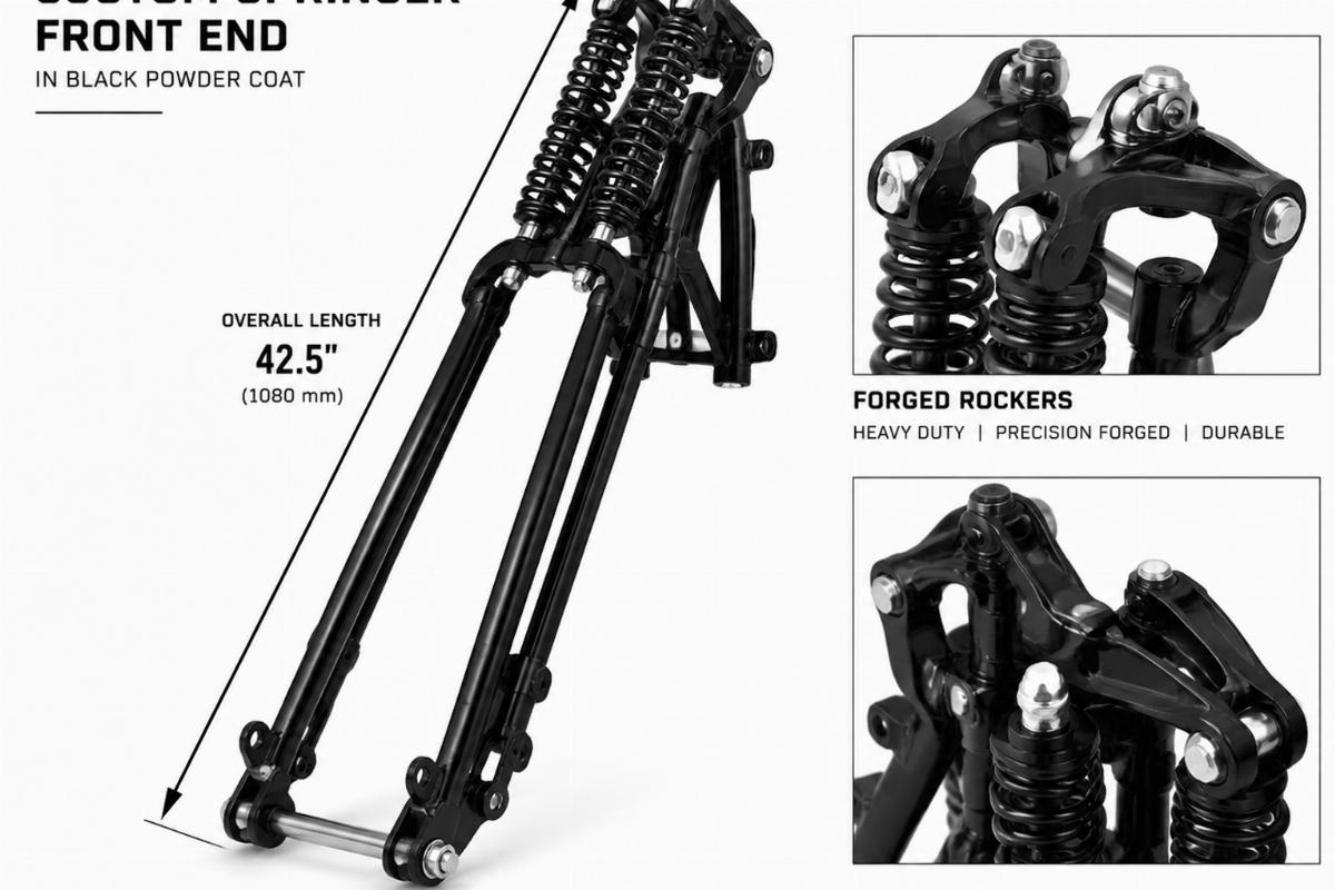 Custom springer front end in black powder coat showing overall length and forged rockers