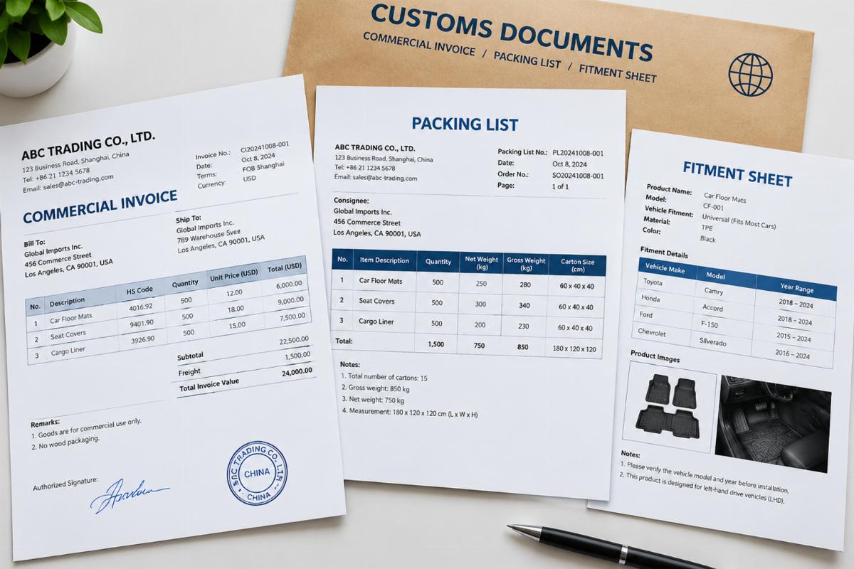 Customs documentation package including commercial invoice, packing list, and fitment sheet