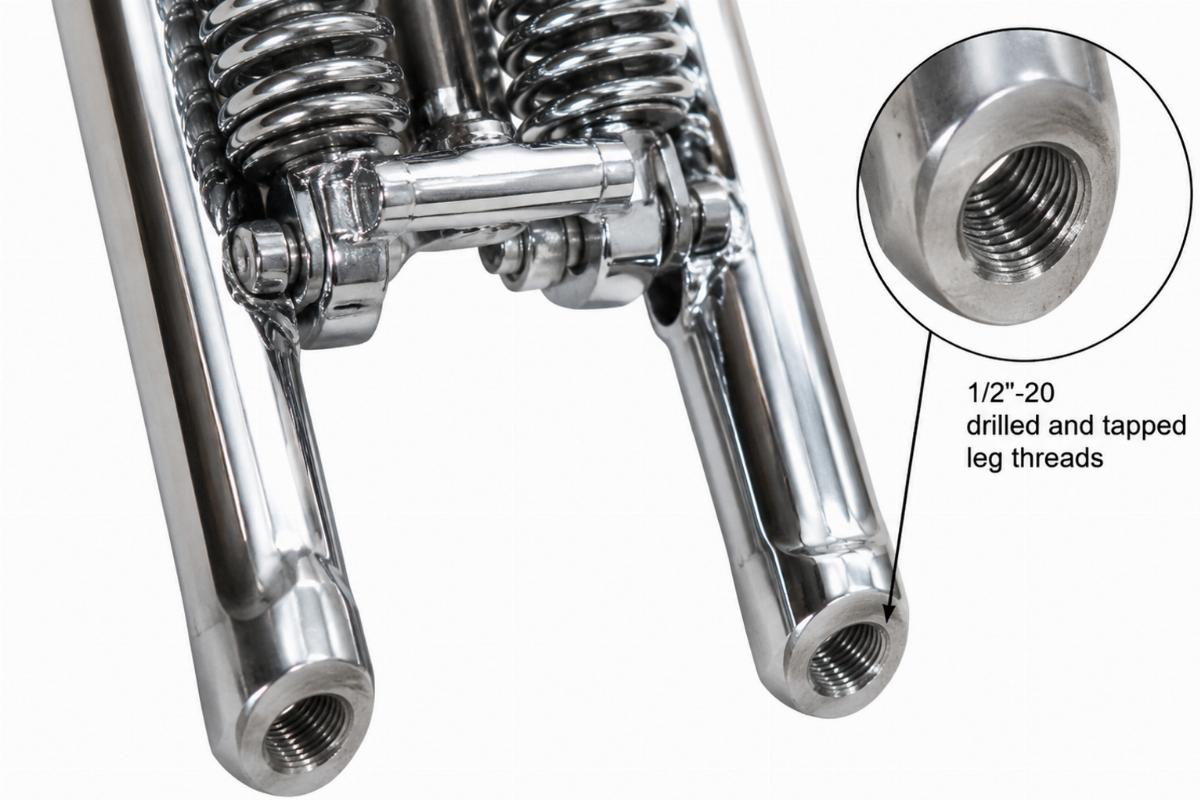 Detail of 1/2"-20 drilled and tapped leg threads on chrome springer fork