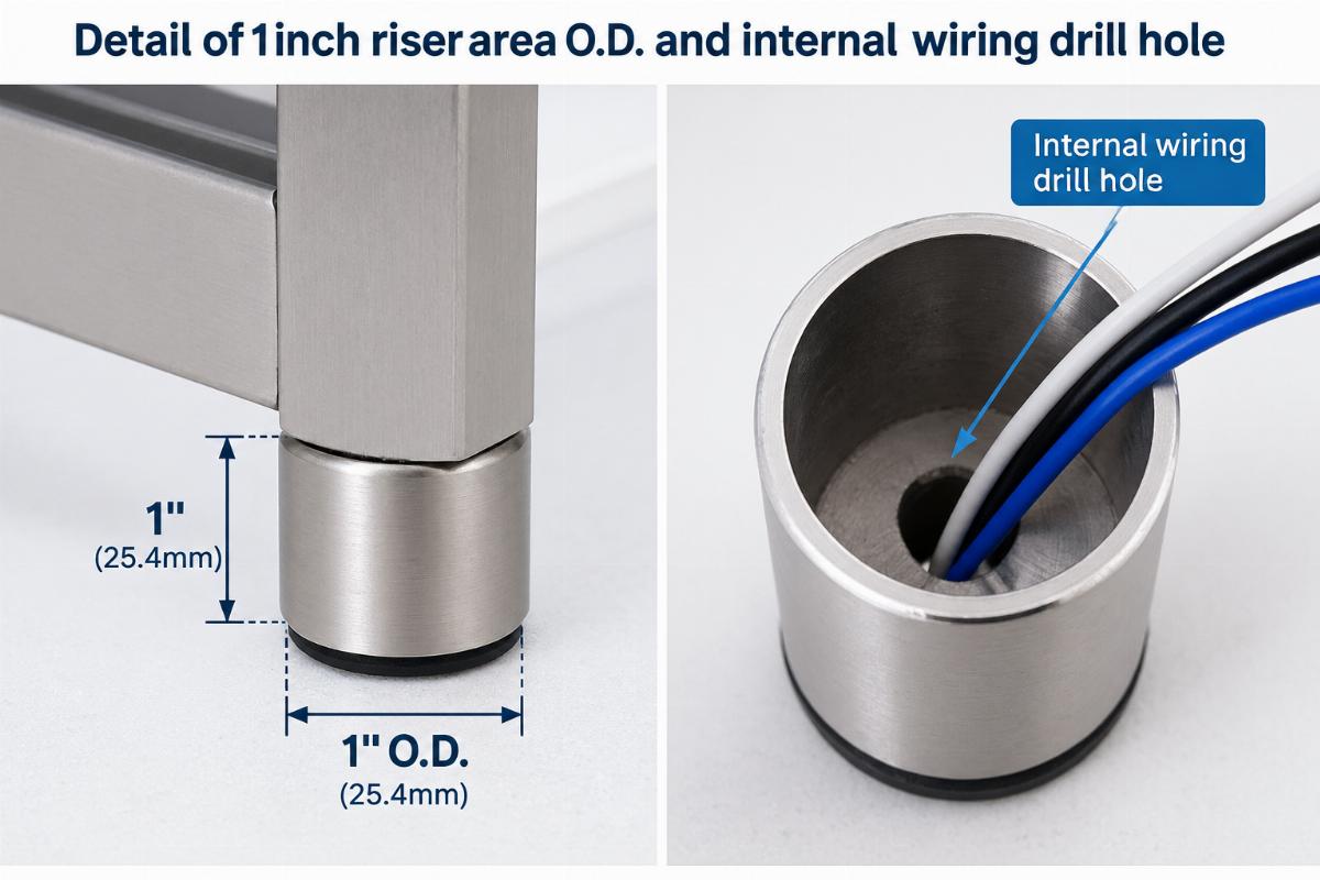 Detail of 1 inch riser area O.D. and internal wiring drill hole