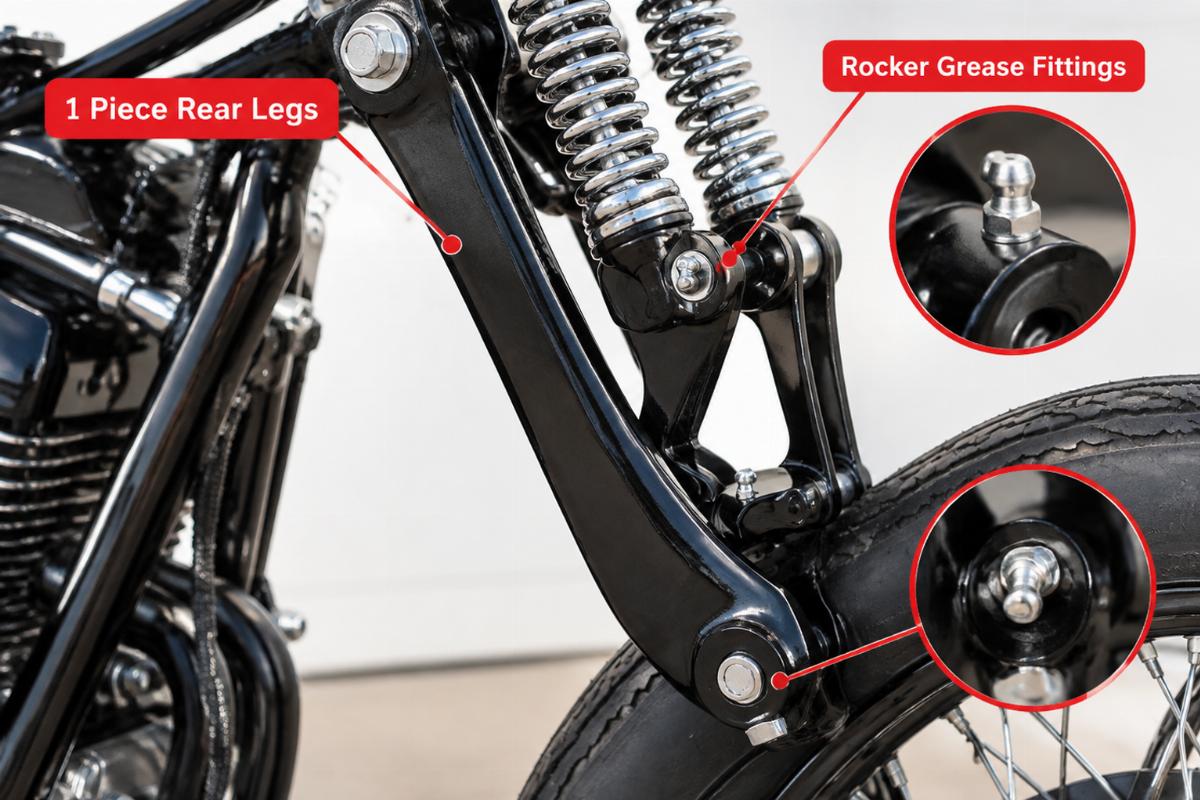 Detail of 1 piece rear legs and rocker grease fittings on custom springer