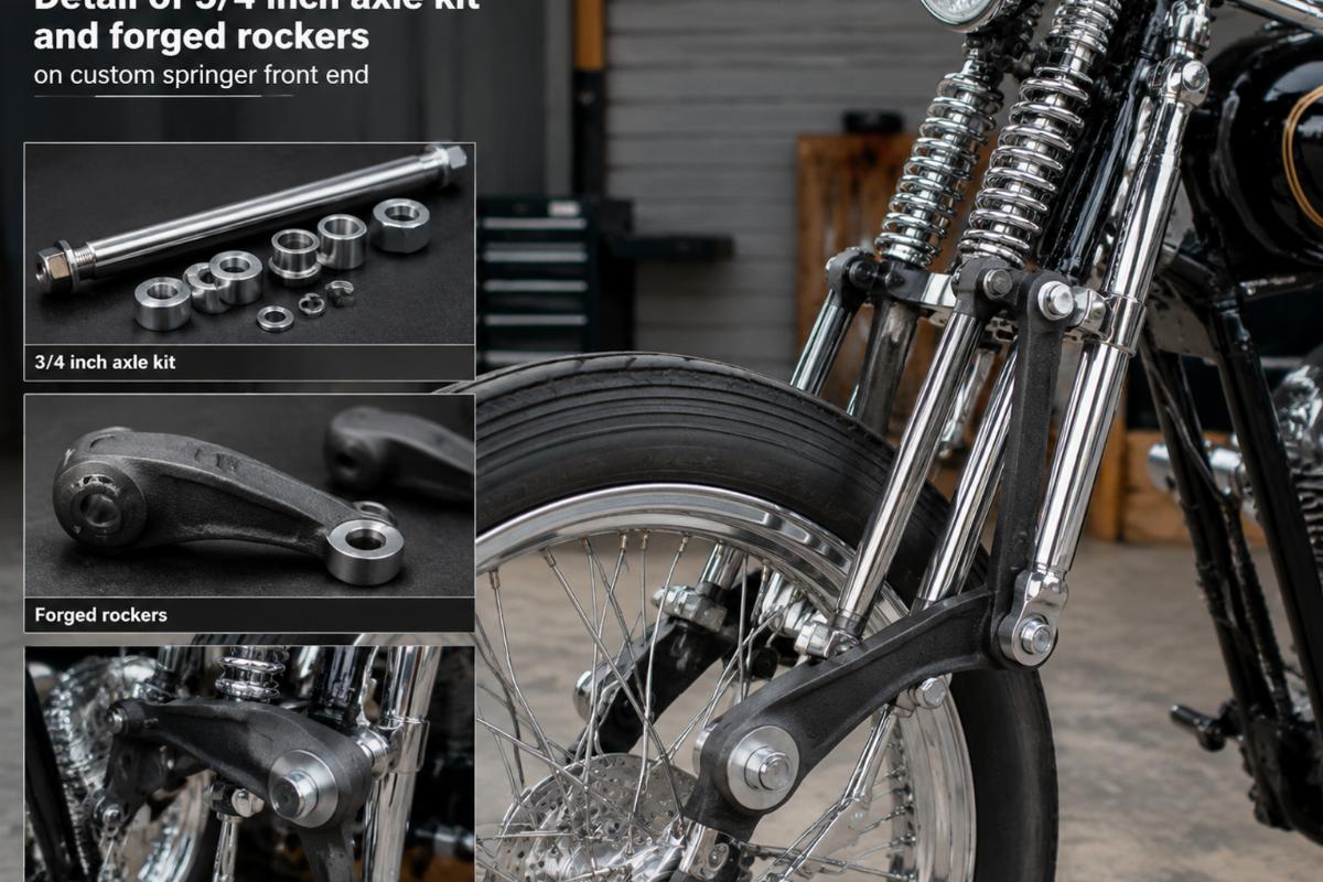 Detail of 3/4 inch axle kit and forged rockers on custom springer front end
