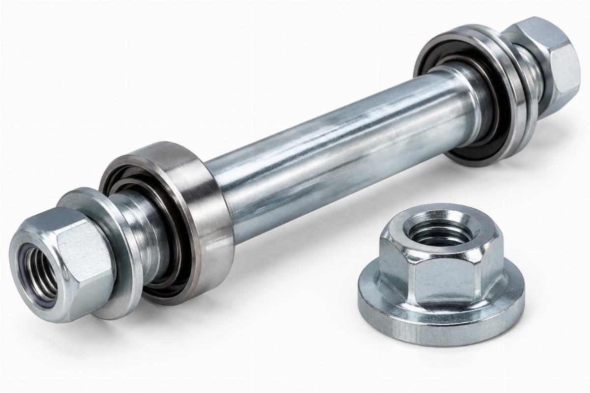 Detail of 3/4 inch front axle assembly and top tree nut included in the kit
