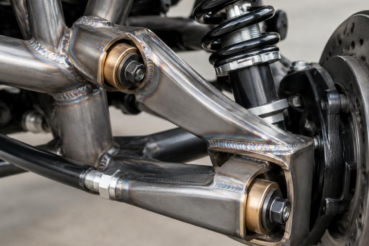 Detail of bronze rocker bushings and TIG-welded construction on the front end
