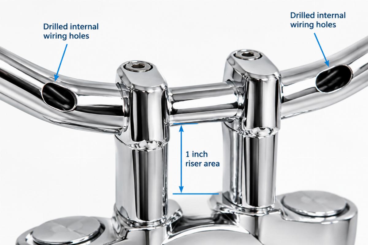 Detail of drilled internal wiring holes and 1 inch riser area on chrome handlebar