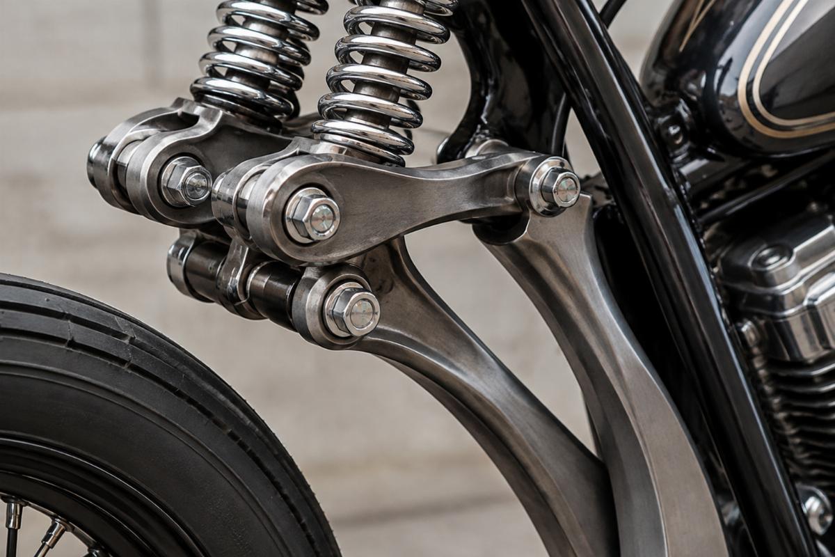 Detail of forged rockers and 1-piece rear legs on custom springer