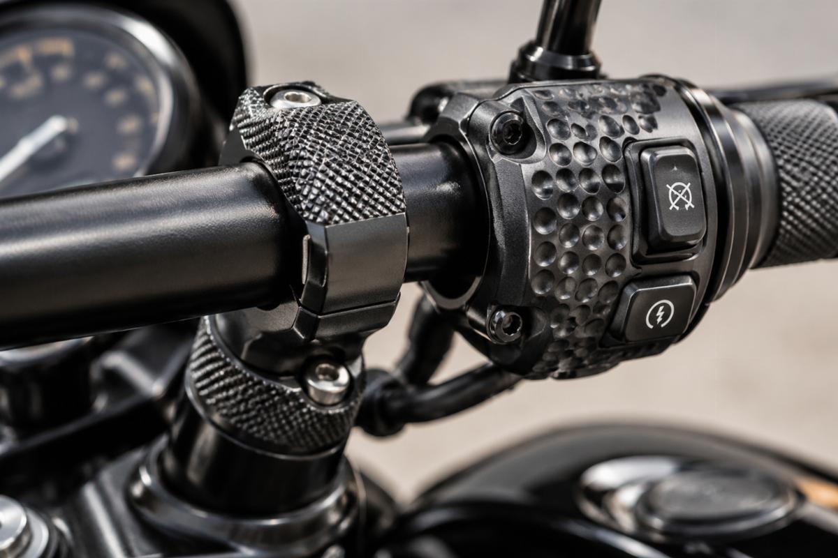 Detail of knurled riser area and dimpled switch housing on custom handlebars for motorcycles