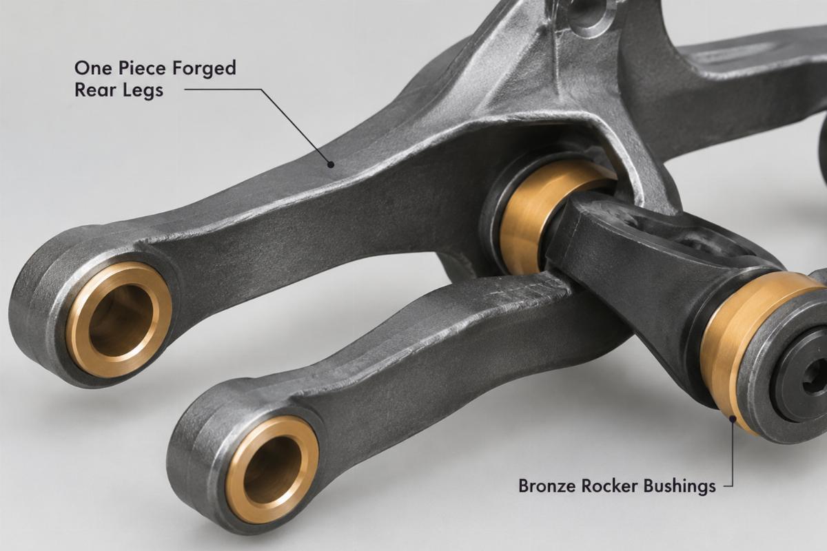 Detail of one piece forged rear legs and bronze rocker bushings