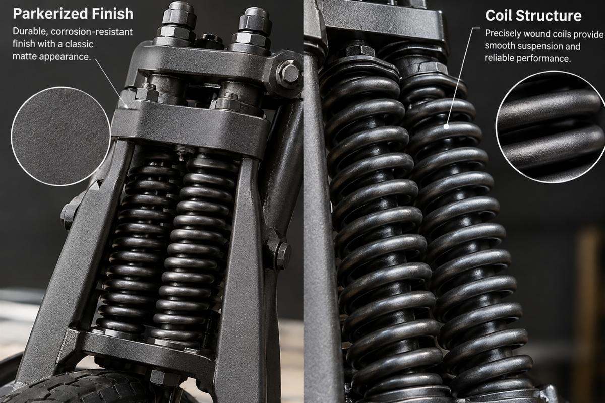 Detail of parkerized finish and coil structure on springer fork springs