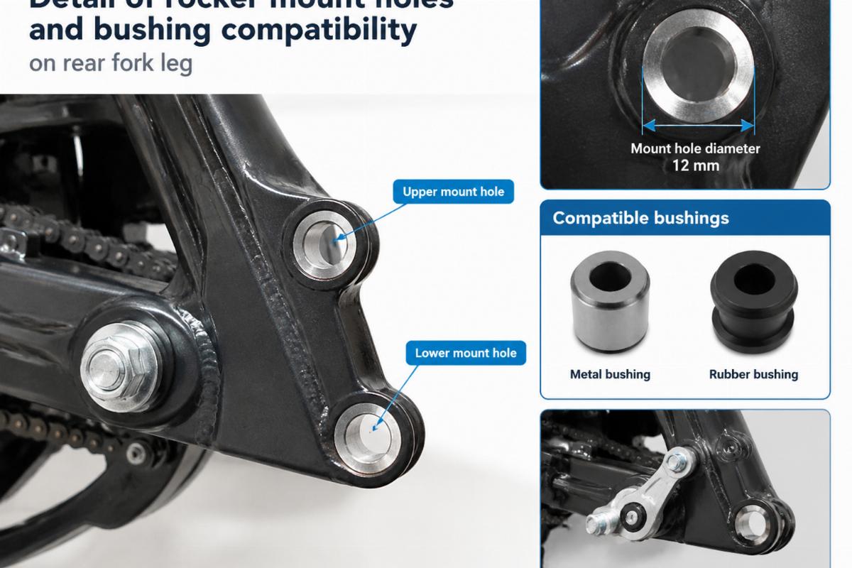 Detail of rocker mount holes and bushing compatibility on rear fork leg