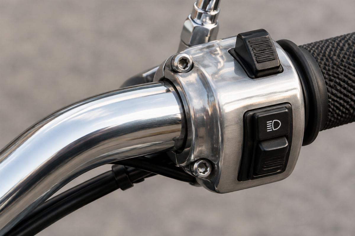 Detail of smooth steel handlebar surface for vintage switch housings