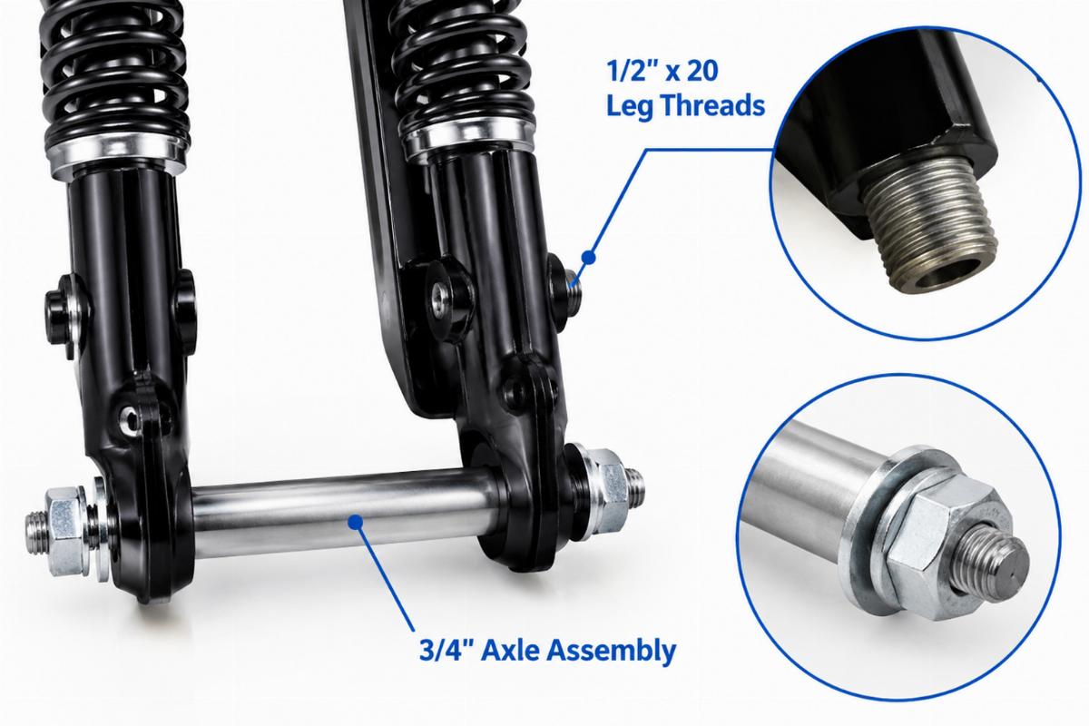 Detail of the 1/2" x 20 leg threads and 3/4" axle assembly on the inline spring fork kit