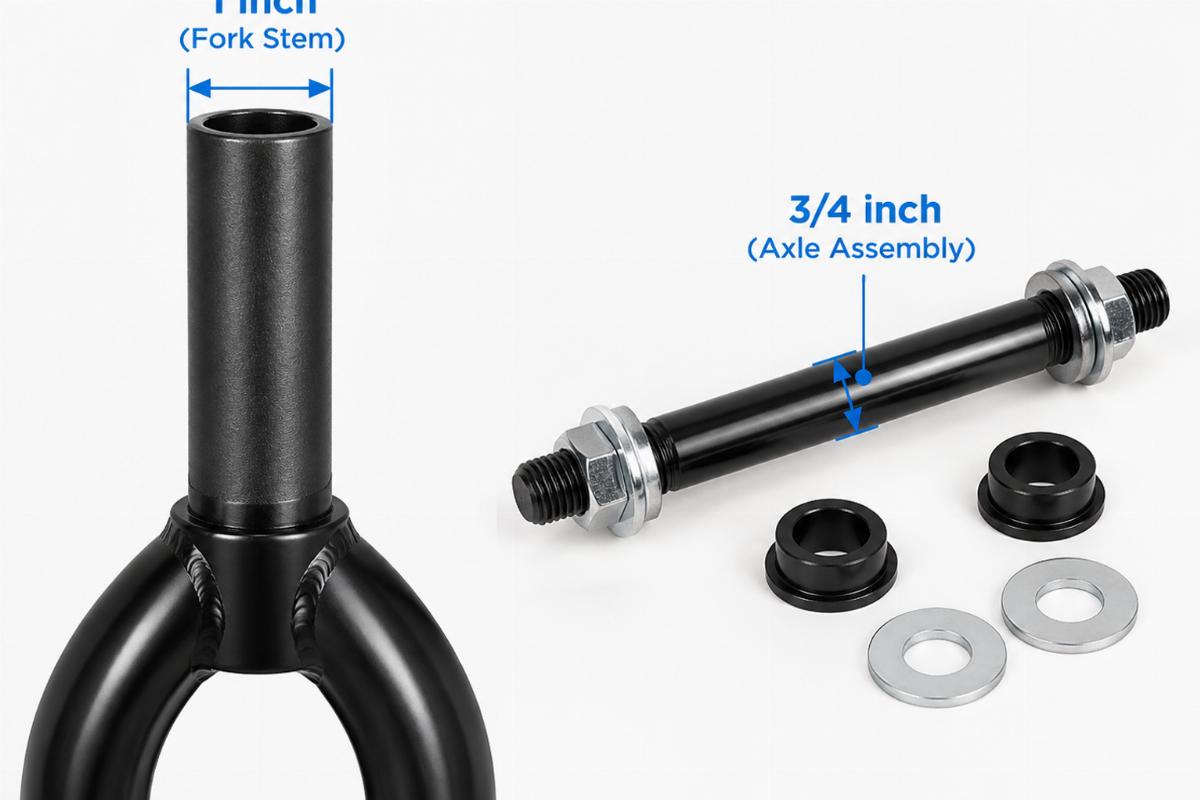 Detail of the 1 inch fork stem and 3/4 inch axle assembly included in the kit