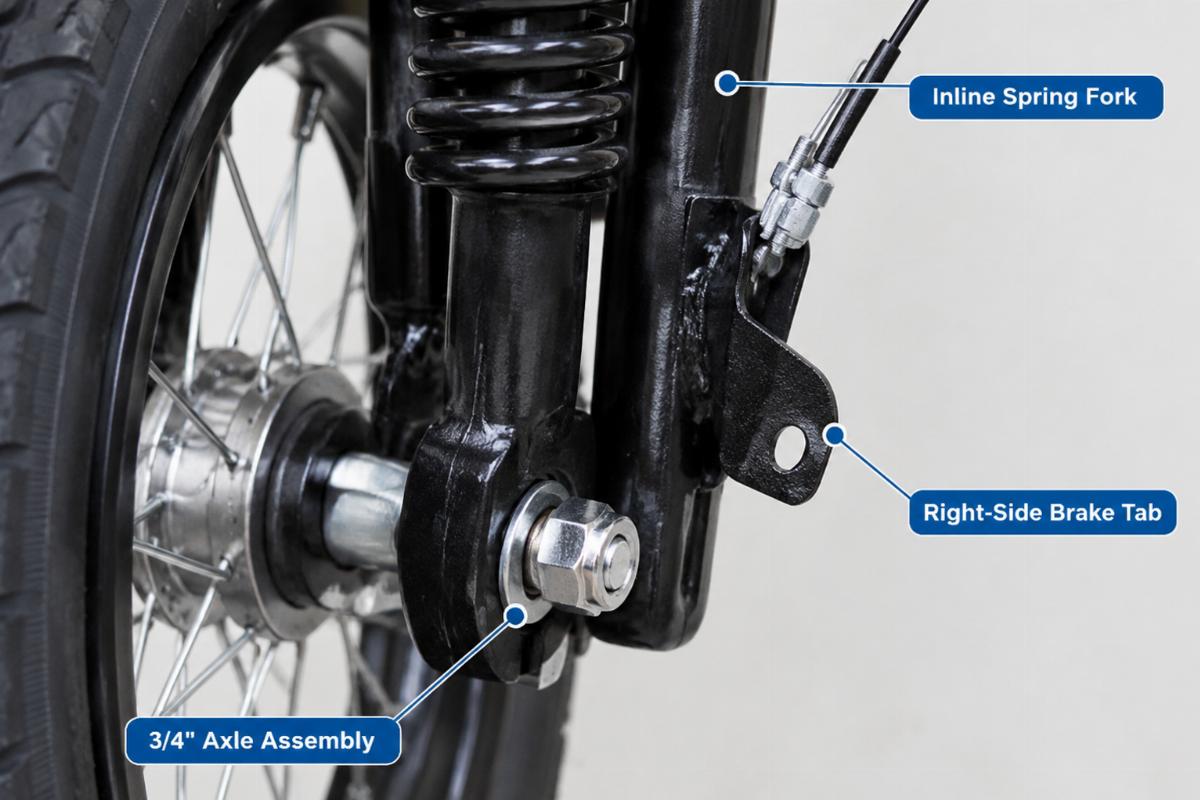 Detail of the 3/4" axle assembly and right-side brake tab on the inline spring fork