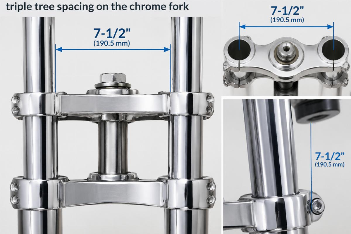 Detail of the 7-1/2 inch triple tree spacing on the chrome fork