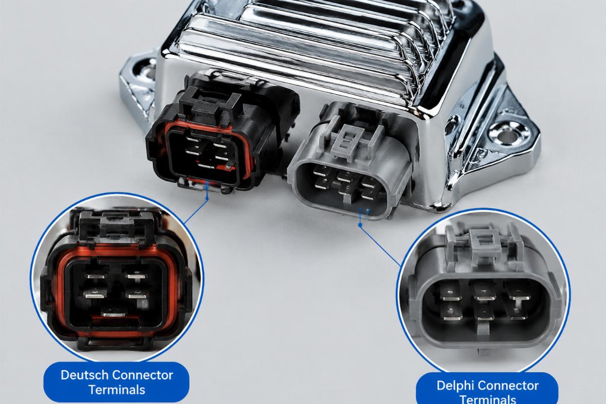 Detail of the Deutsch and Delphi connector terminals on the chrome plated voltage regulator rectifier