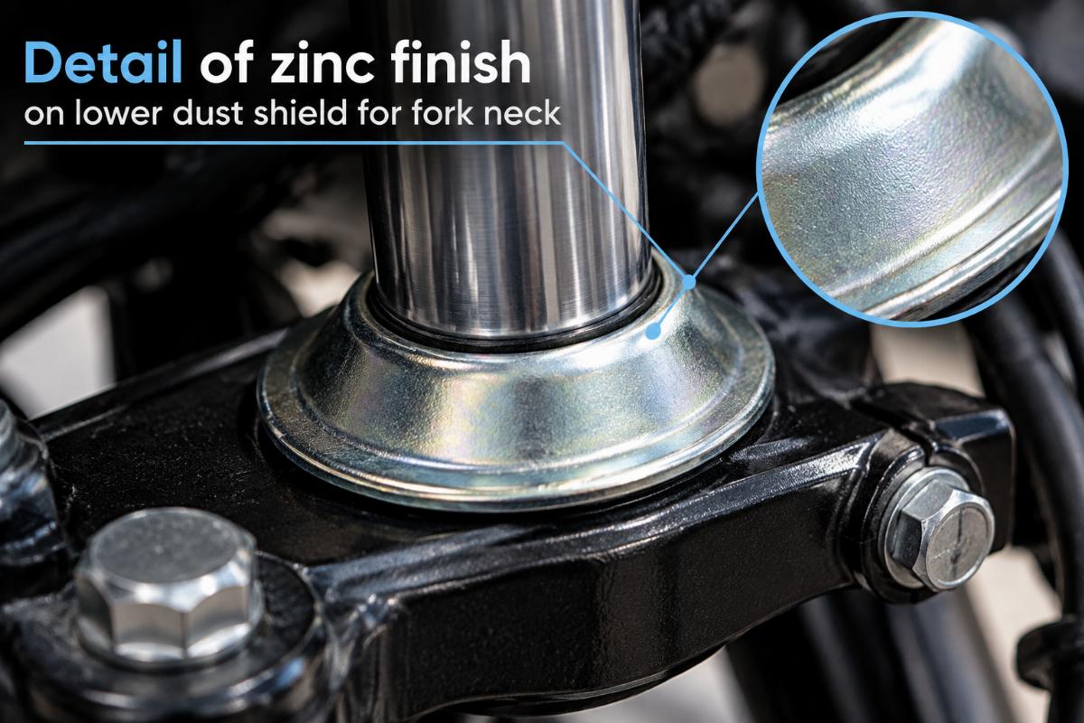 Detail of zinc finish on lower dust shield for fork neck