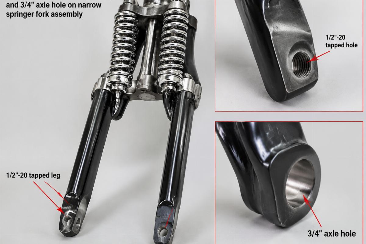 Detail view of 1/2"-20 tapped legs and 3/4" axle hole on narrow springer fork assembly