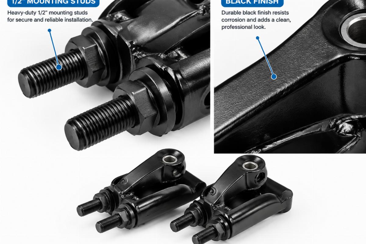 Detail view of 1/2" mounting studs and black finish on the spring fork rocker kit