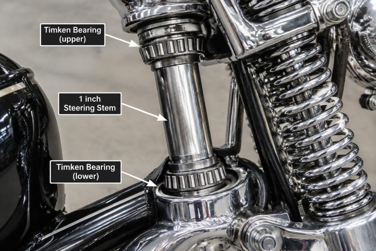 Detail view of 1 inch steering stem and Timken bearing area on chrome springer