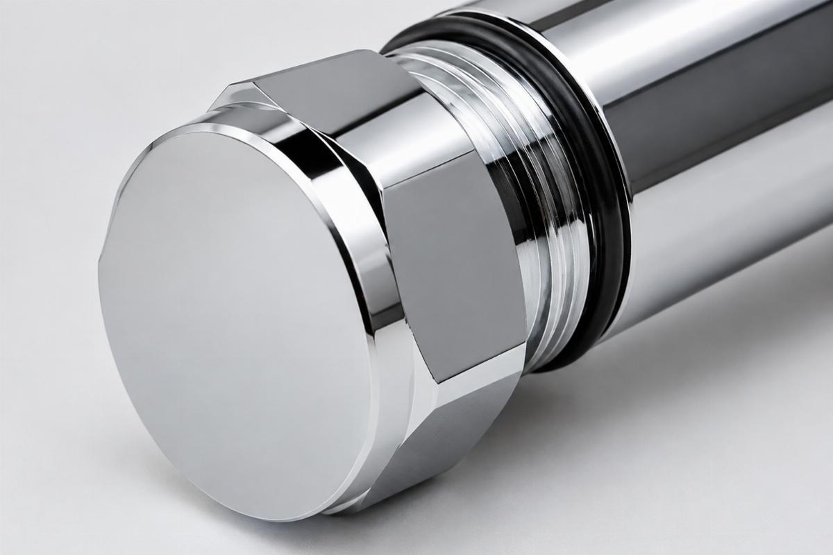 Detail view of chrome plated fork tube plug surface finish