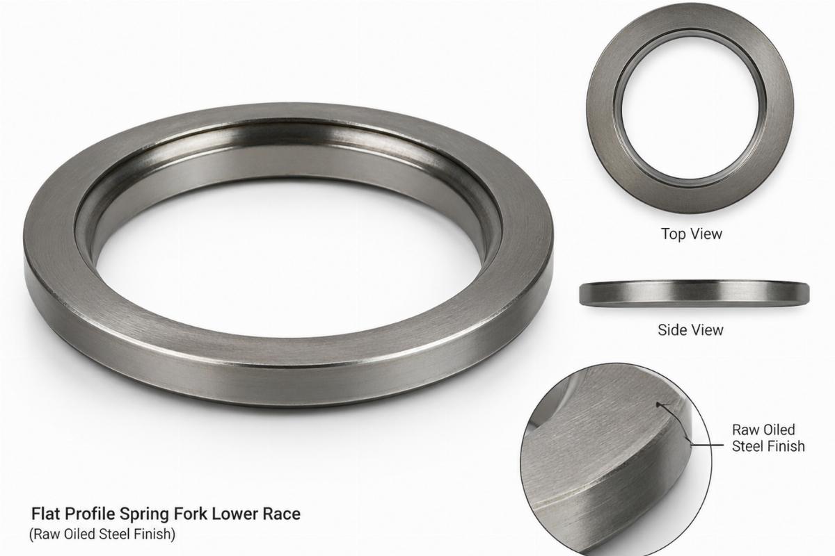 Detail view of flat profile spring fork lower race raw oiled steel finish