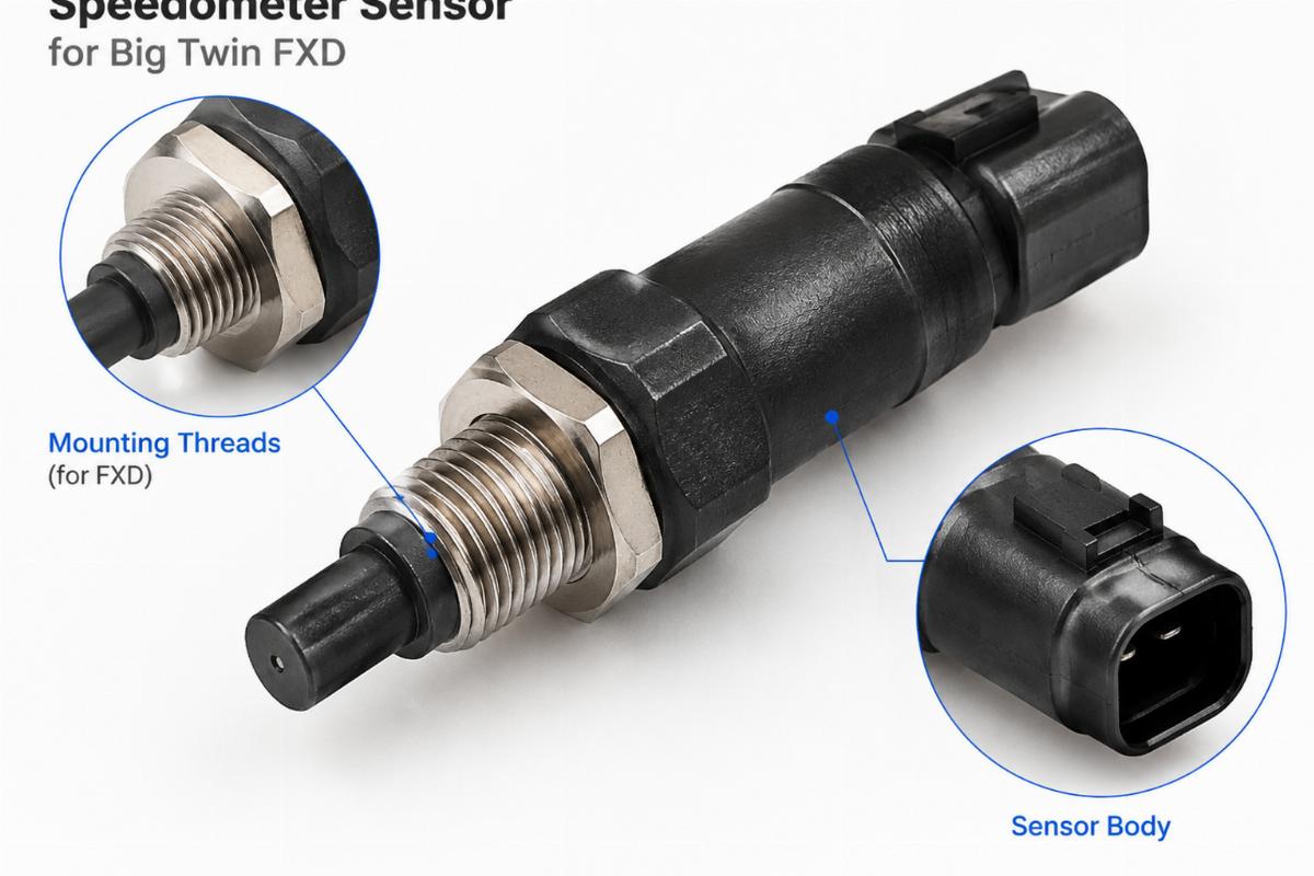 Detail view of speedometer sensor for big twin fxd mounting threads and body