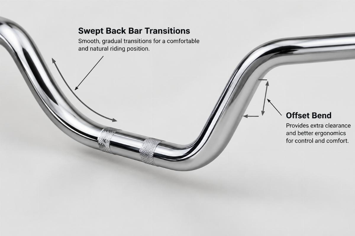 Detail view of sweged bar transitions and offset bend on chrome handlebars