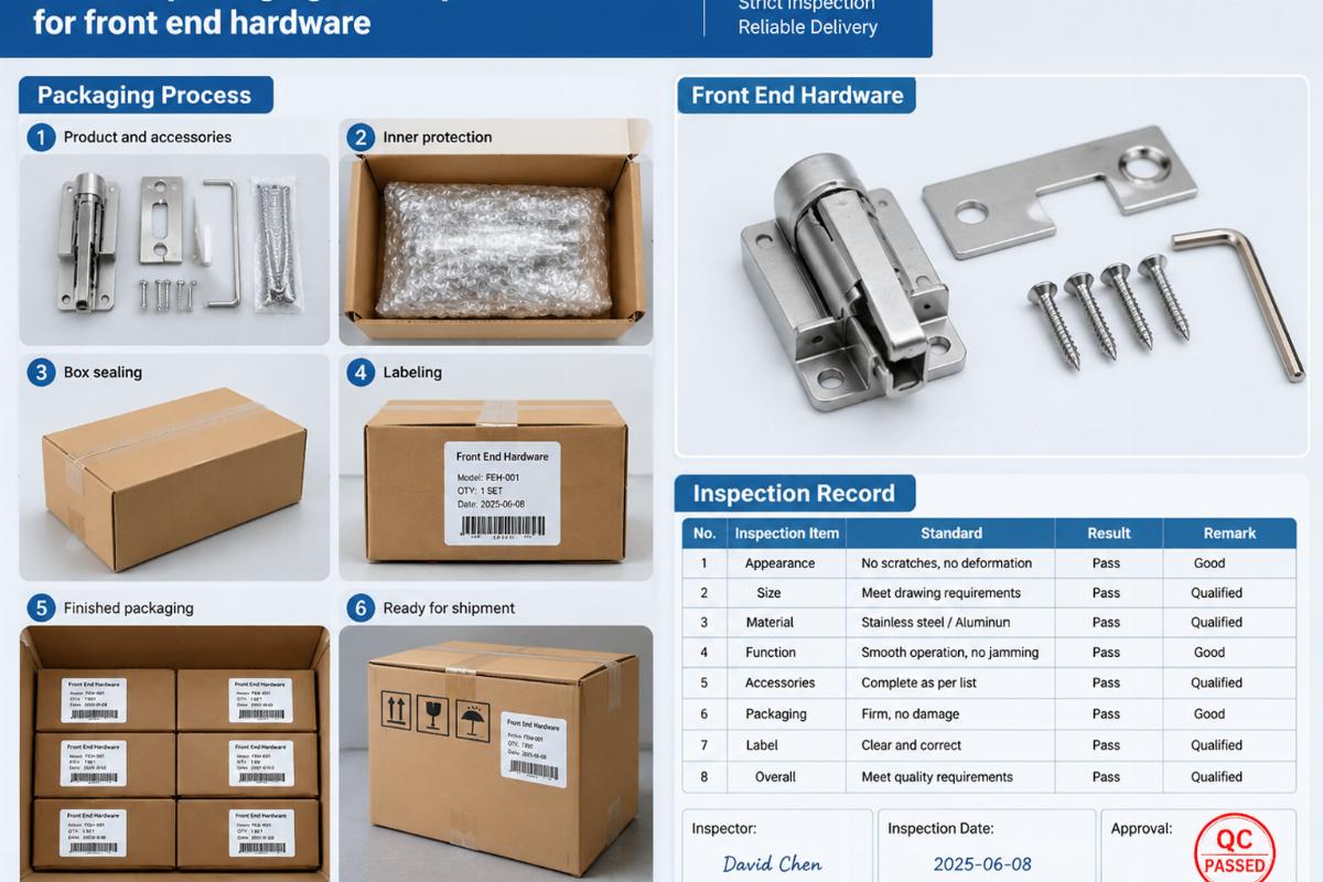 Detailed packaging and inspection record for front end hardware