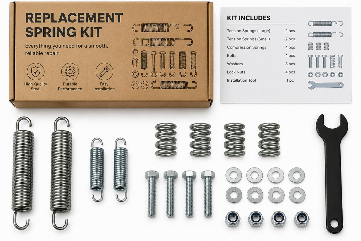 Detailed packaging of a complete replacement spring kit showing all included hardware