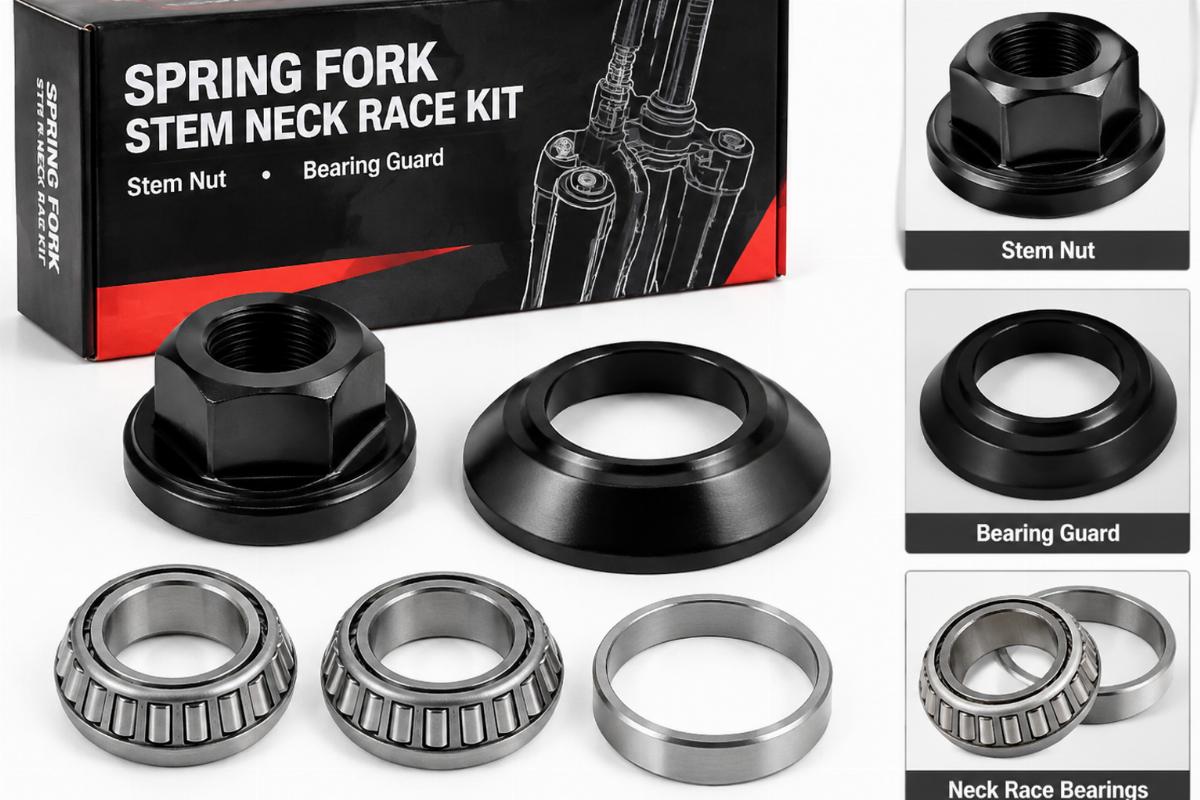 Detailed packaging of spring fork stem neck race kit showing stem nut and bearing guard