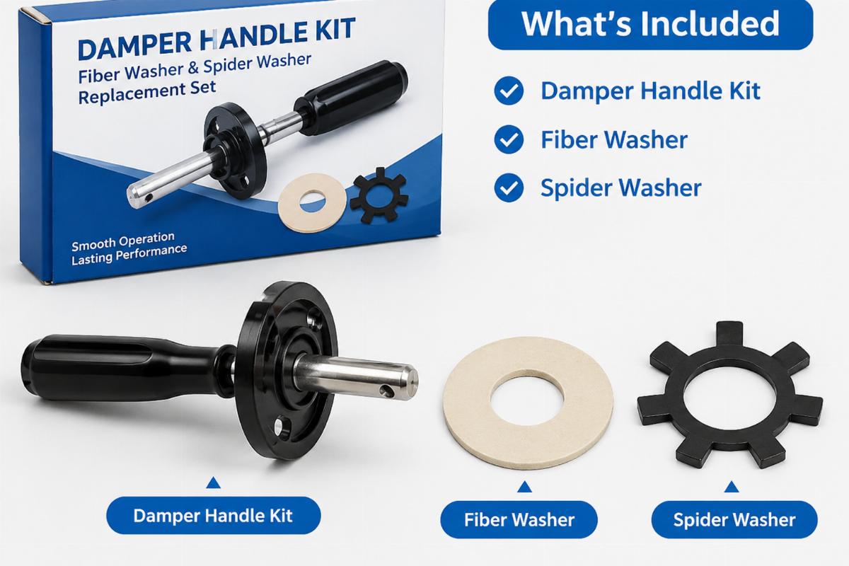 Detailed packaging showing the damper handle kit, fiber washer, and spider washer included in the kit