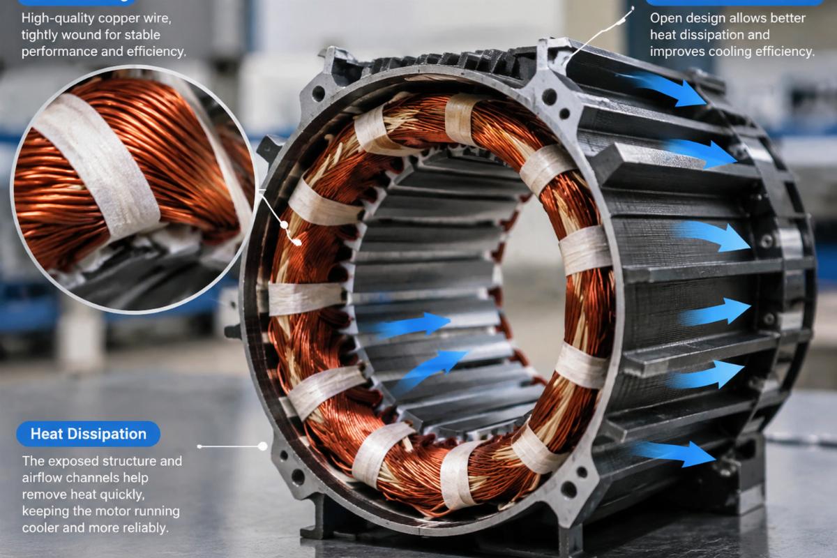 Detailed shot of the stator winding and unmolded construction for heat dissipation