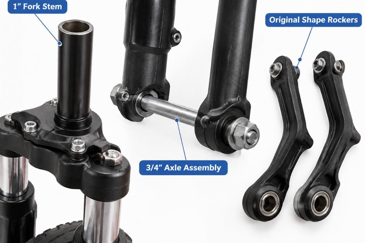 Detailed view of 1" fork stem, 3/4" axle assembly and original shape rockers