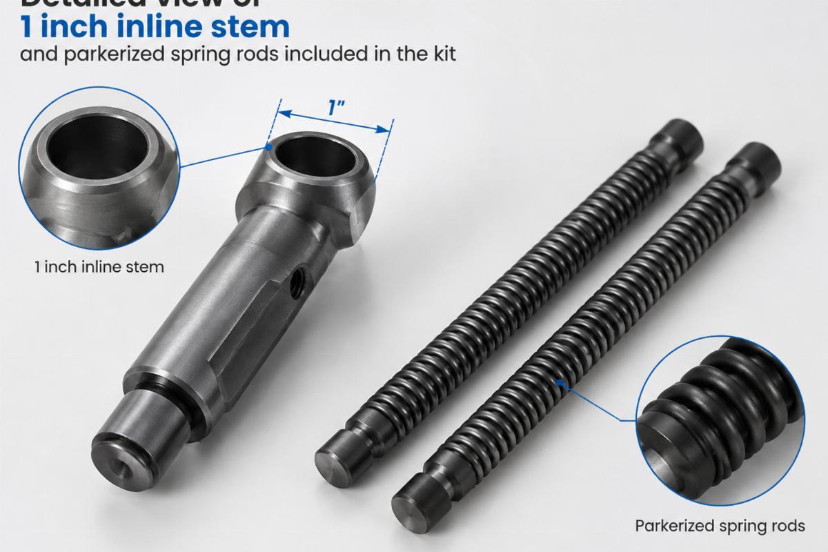 Detailed view of 1 inch inline stem and parkerized spring rods included in the kit