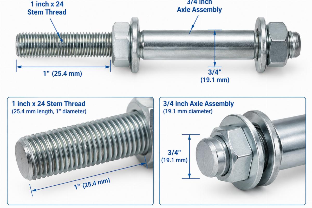 Detailed view of 1 inch x 24 stem thread and 3/4 inch axle assembly