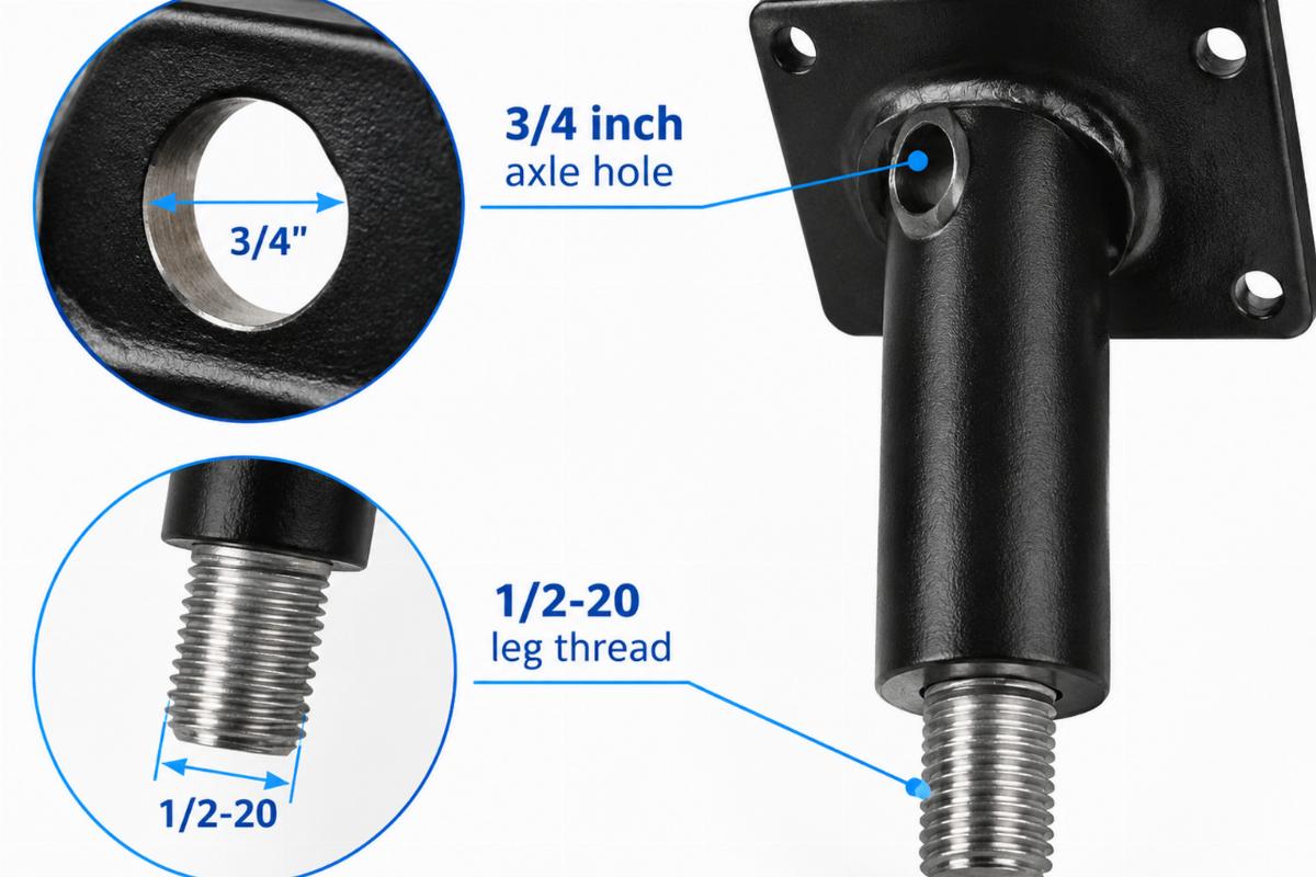 Detailed view of 3/4 inch axle hole and 1/2-20 leg thread