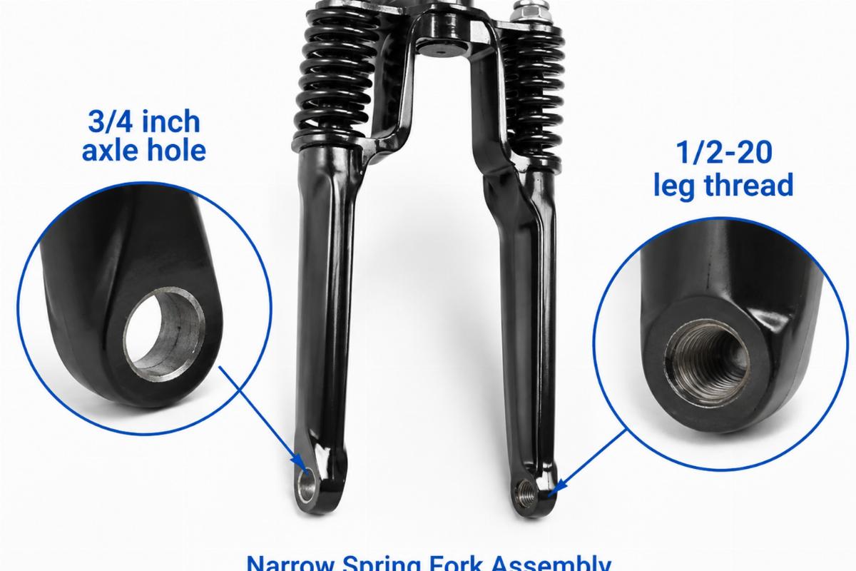 Detailed view of 3/4 inch axle hole and 1/2-20 leg thread on narrow spring fork assembly