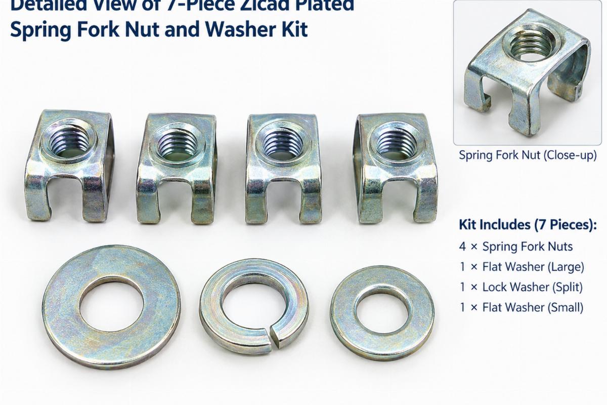 Detailed view of 7-piece zicad plated spring fork nut and washer kit