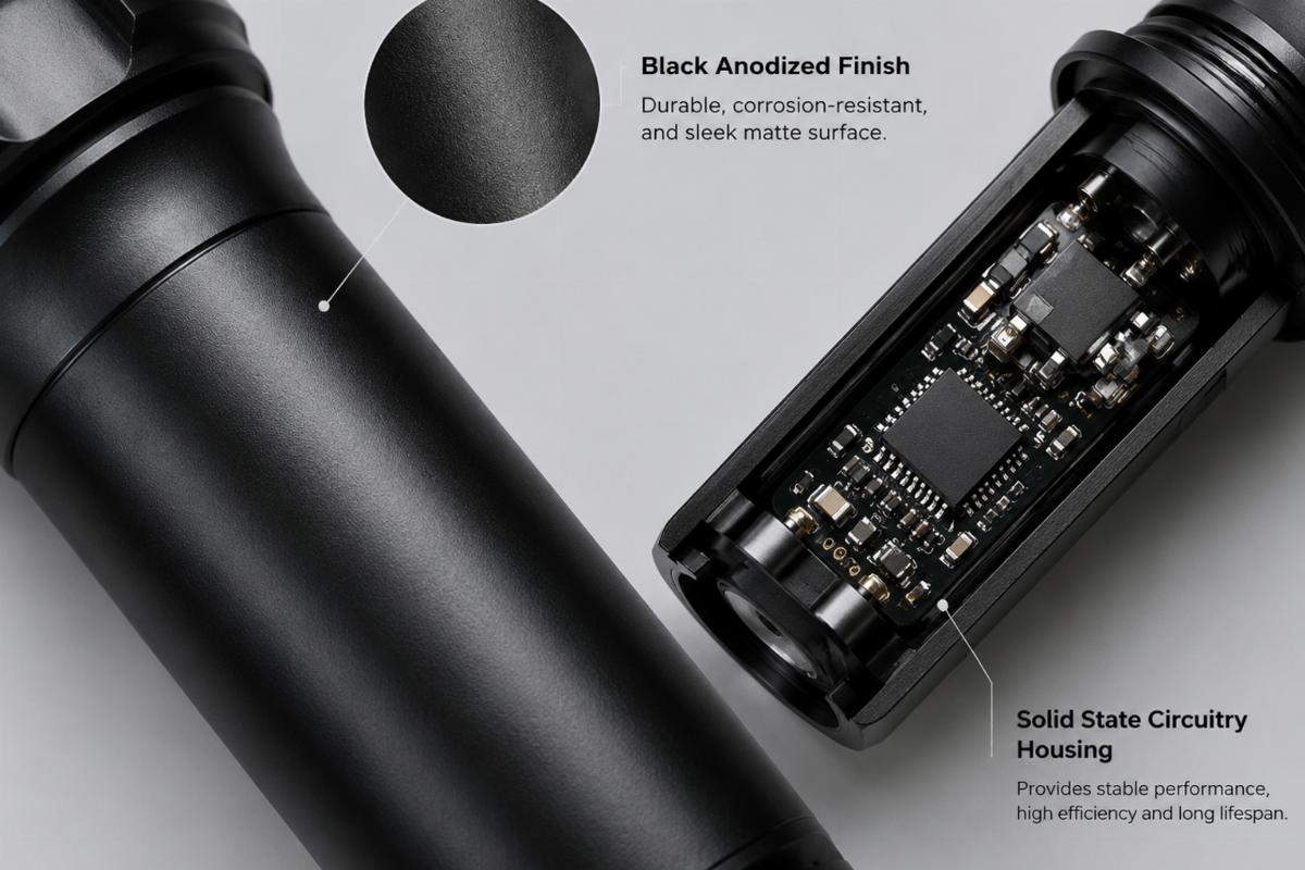 Detailed view of black anodized finish and solid state circuitry housing