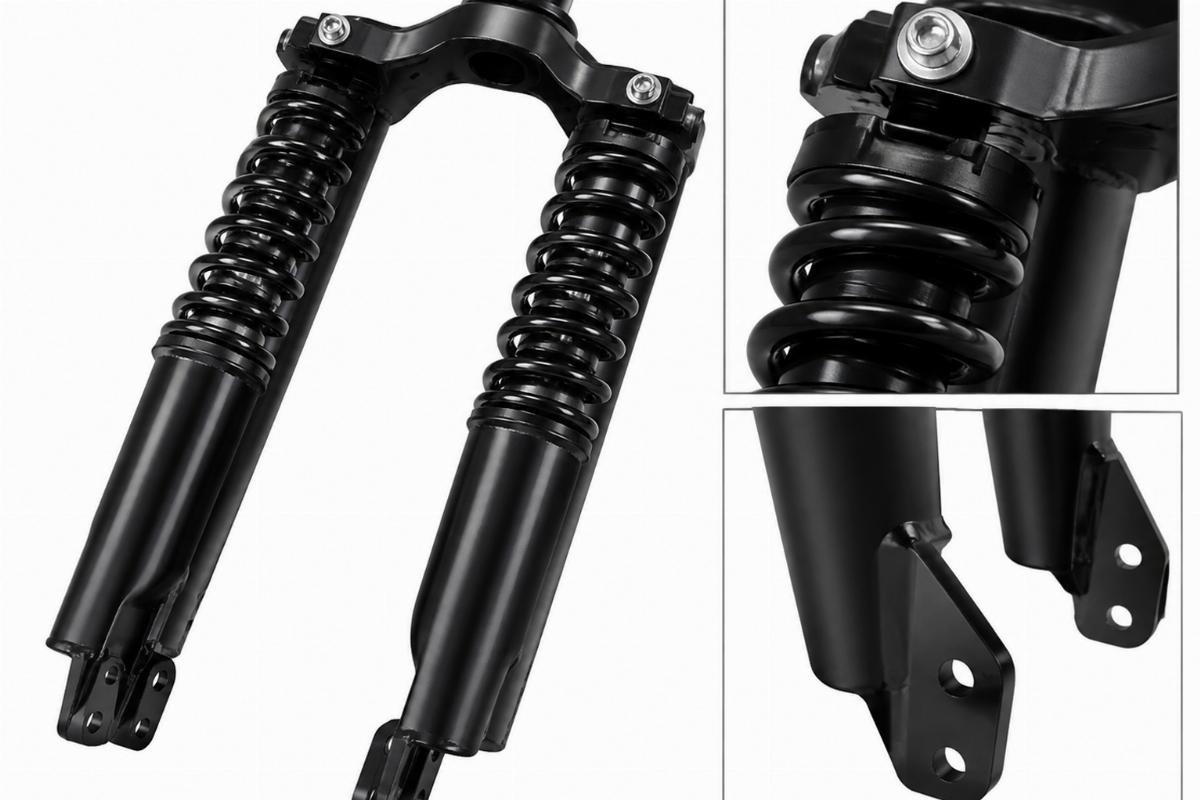 Detailed view of black finish and mount brackets on spring fork shock assembly