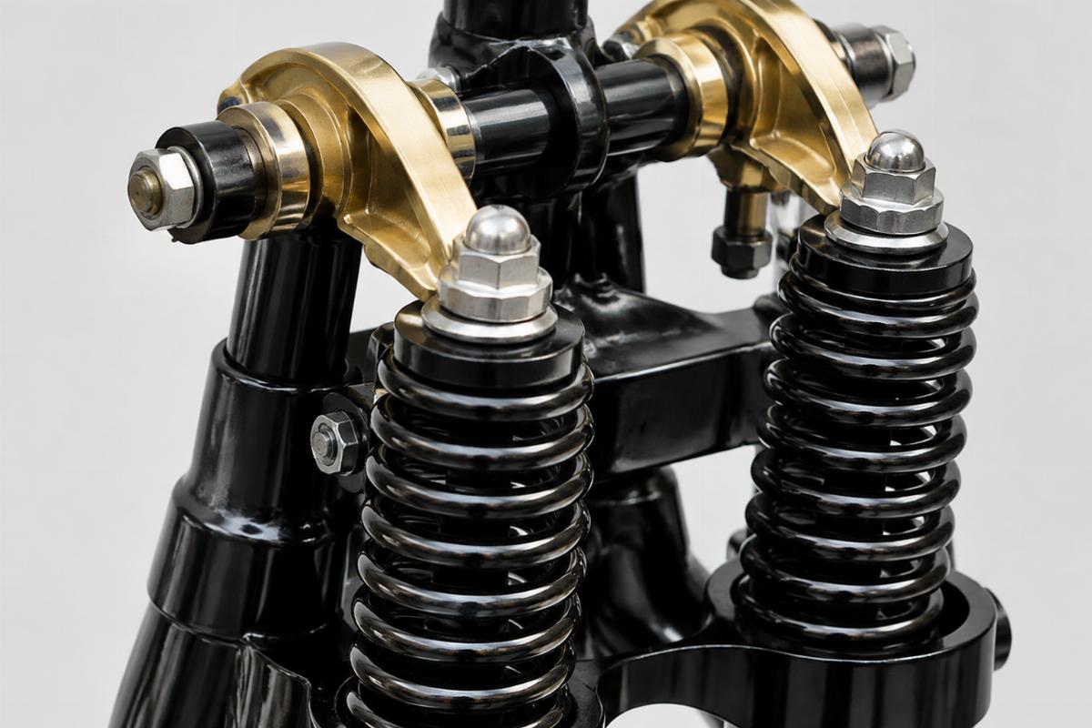 Detailed view of brass plated rockers and springs on black springer fork kit