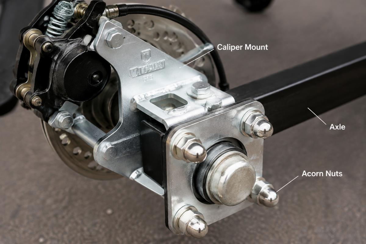 Detailed view of caliper mount and axle with acorn nuts